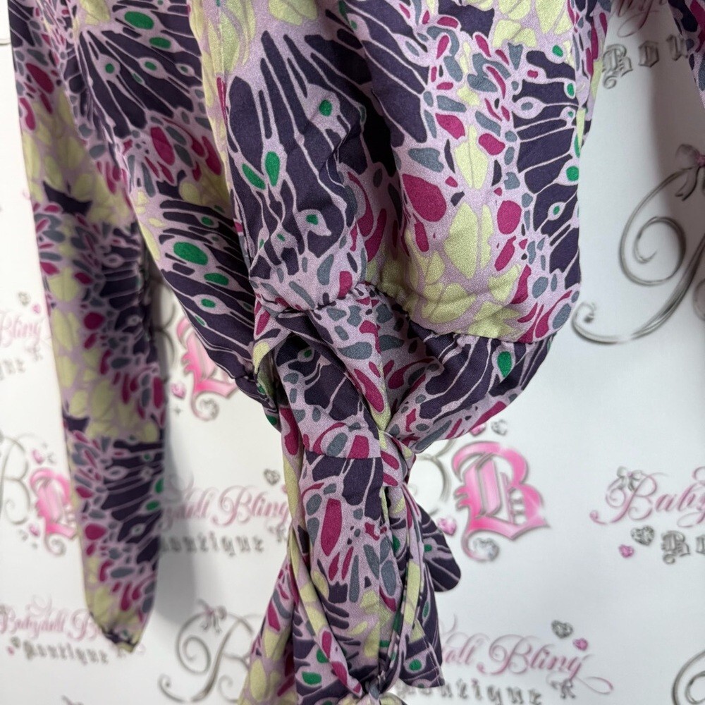 Banana Republic blouse long sleeve floral Purple and Green Wrap shirt tie up - Picture 3 of 13